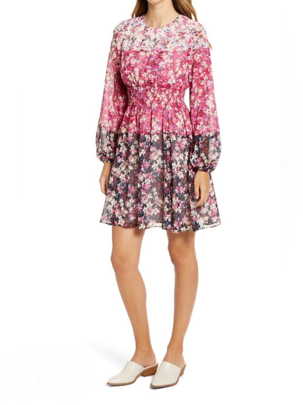 Eliza J Pink Ombré Floral Long-Sleeve Dress